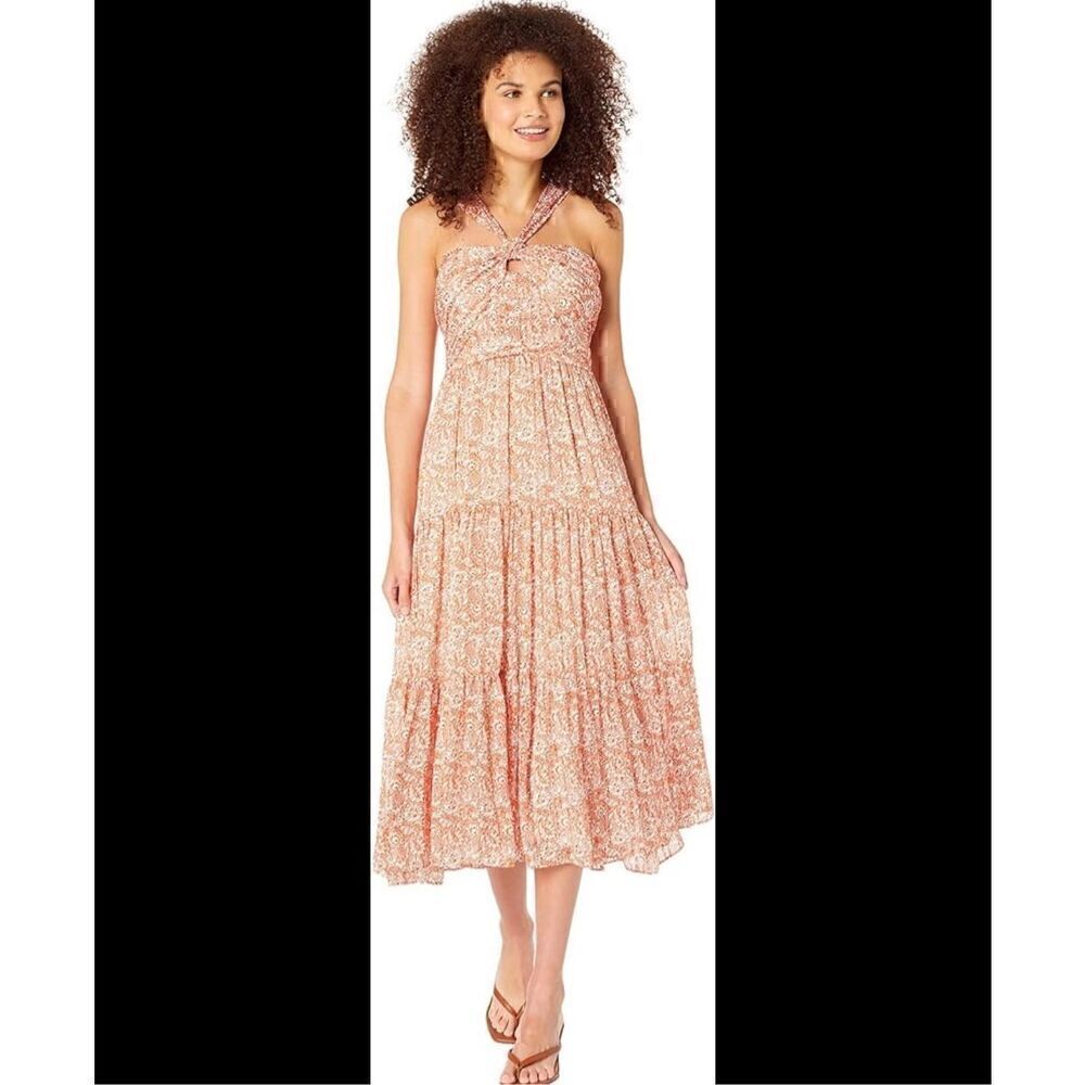 Miss Me Orange Floral Criss Cross Sleeveless Halter Dress Womens Size Small